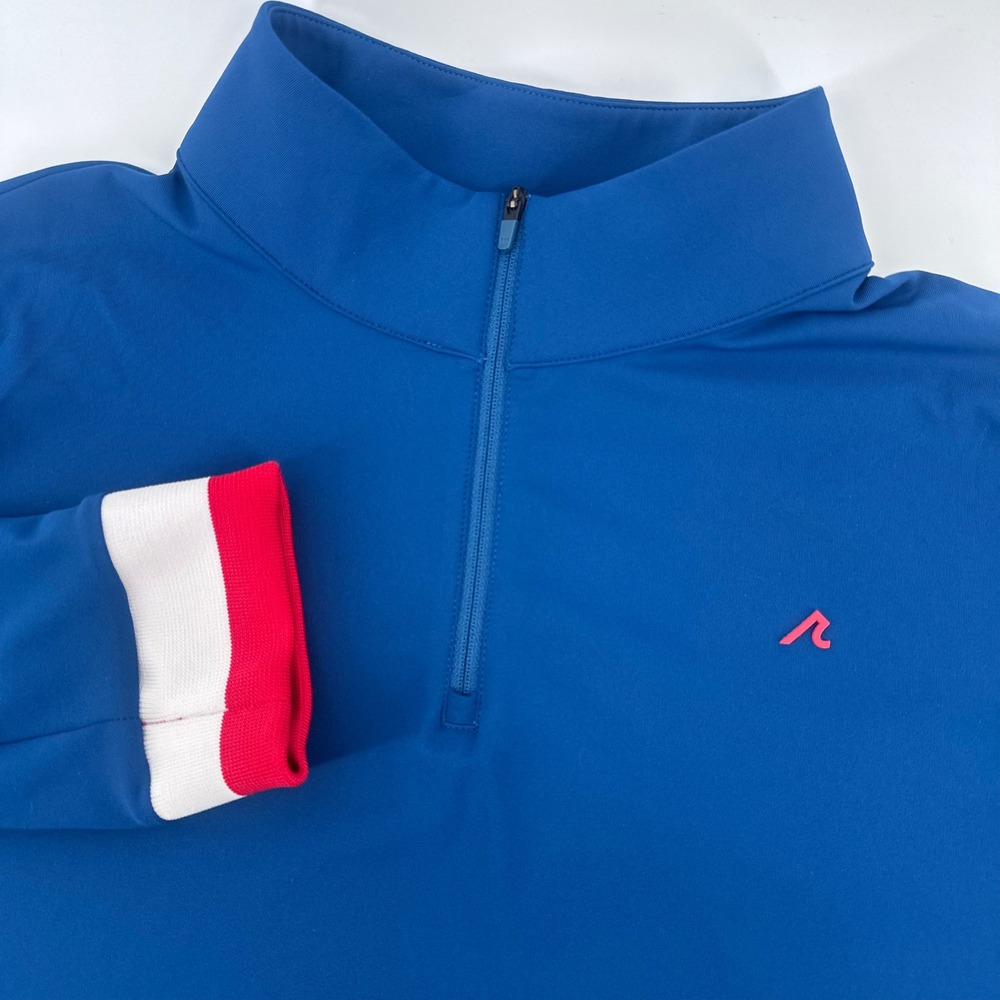 Redvanly Quarter Zip Pullover Mens‎ Medium Blue Red White Striped Cuffs Athletic
